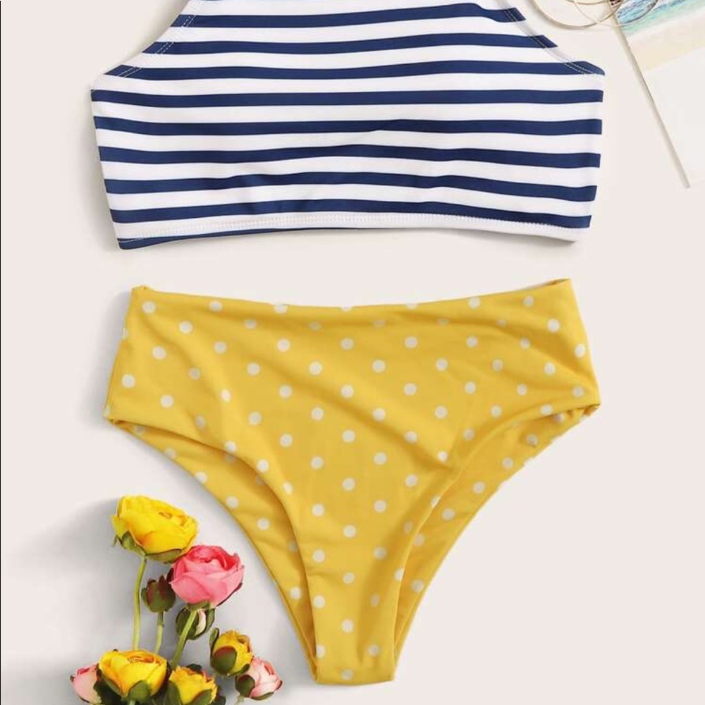 Striped Top With High Waist Bikini Set